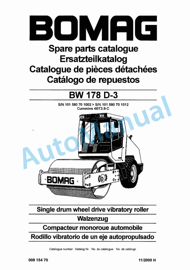 Bomag BW 178 D-3 Single Drum Wheel Drive Vibratory Roller Spare Parts Catalogue 00815470