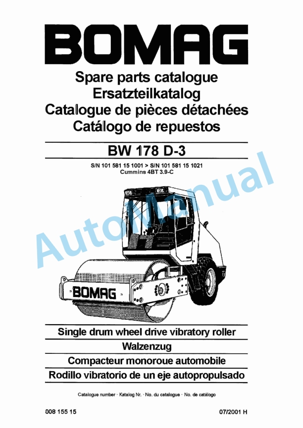 Bomag BW 178 D-3 Single Drum Wheel Drive Vibratory Roller Spare Parts Catalogue 00815515
