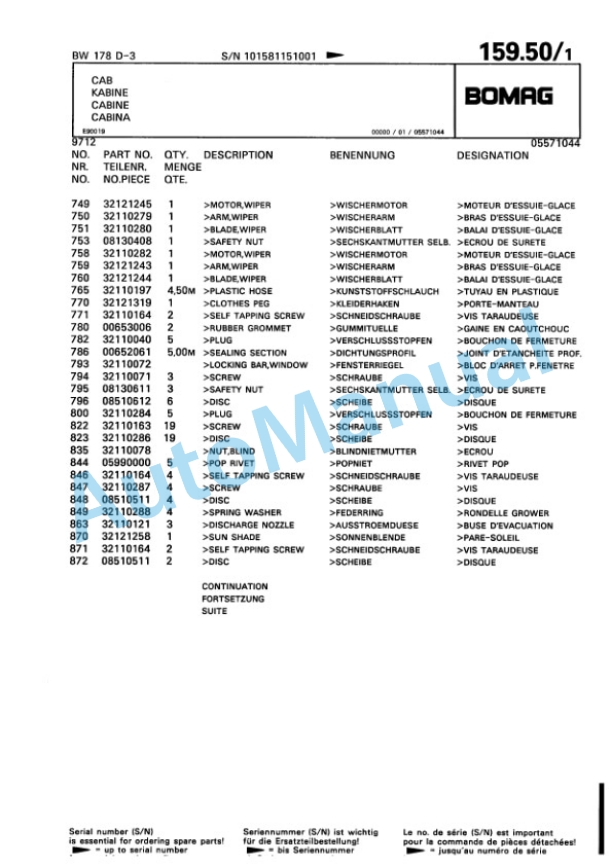 Bomag BW 178 D-3 Single Drum Wheel Drive Vibratory Roller Spare Parts Catalogue 00815515-4