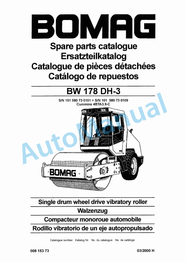 Bomag BW 178 DH-3 Single Drum Wheel Drive Vibratory Roller Spare Parts Catalogue 00815373