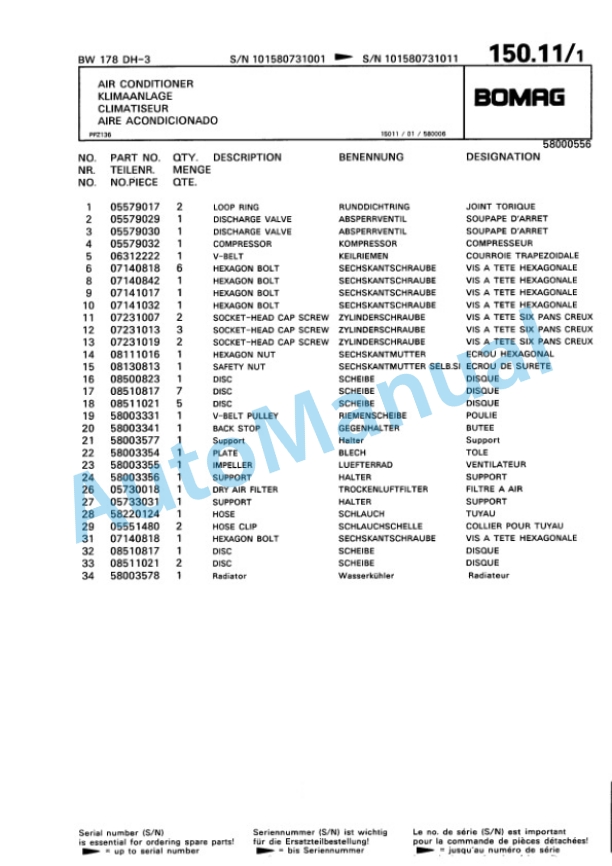 Bomag BW 178 DH-3 Single Drum Wheel Drive Vibratory Roller Spare Parts Catalogue 00815373-3