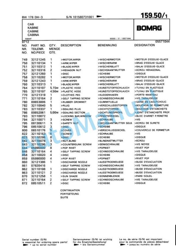 Bomag BW 178 DH-3 Single Drum Wheel Drive Vibratory Roller Spare Parts Catalogue 00815373-4