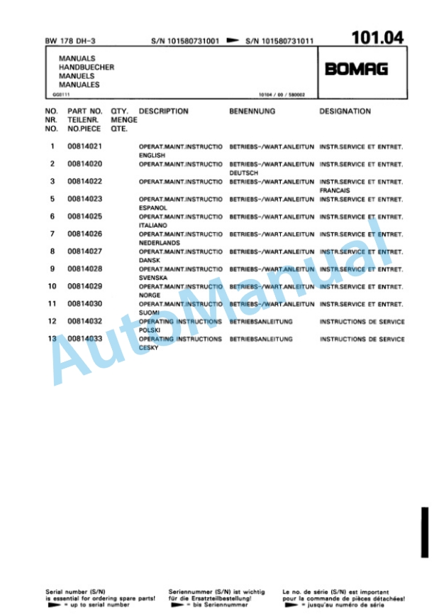 Bomag BW 178 DH-3 Single Drum Wheel Drive Vibratory Roller Spare Parts Catalogue 00815473-3