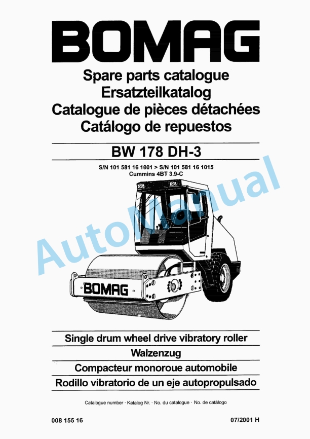 Bomag BW 178 DH-3 Single Drum Wheel Drive Vibratory Roller Spare Parts Catalogue 00815516