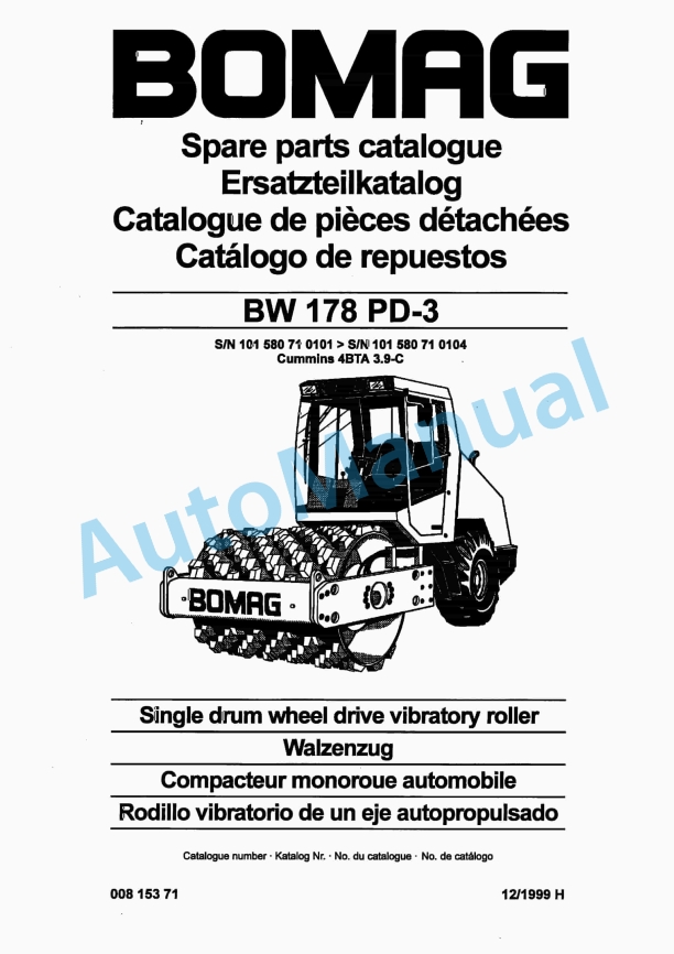 Bomag BW 178 PD-3 Single Drum Wheel Drive Vibratory Roller Spare Parts Catalogue 00815371