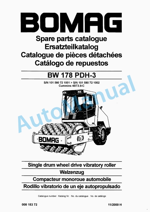 Bomag BW 178 PDH-3 Single Drum Wheel Drive Vibratory Roller Spare Parts Catalogue 00815372