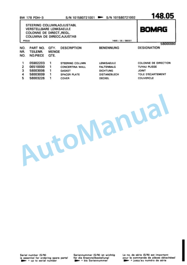 Bomag BW 178 PDH-3 Single Drum Wheel Drive Vibratory Roller Spare Parts Catalogue 00815372-3