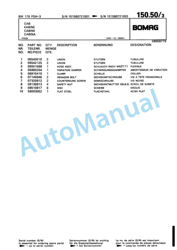 Bomag BW 178 PDH-3 Single Drum Wheel Drive Vibratory Roller Spare Parts Catalogue 00815372-4