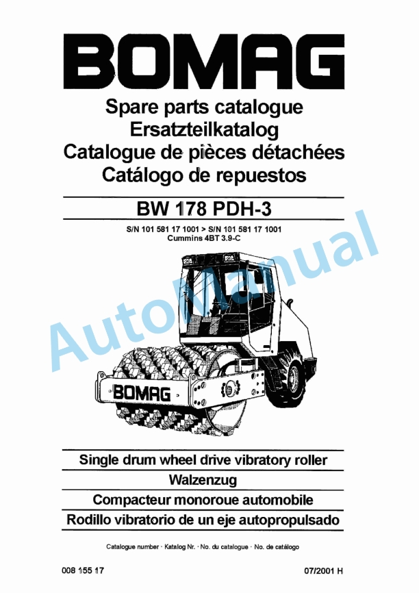 Bomag BW 178 PDH-3 Single Drum Wheel Drive Vibratory Roller Spare Parts Catalogue 00815517