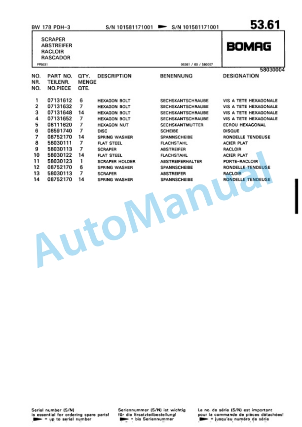 Bomag BW 178 PDH-3 Single Drum Wheel Drive Vibratory Roller Spare Parts Catalogue 00815517-2