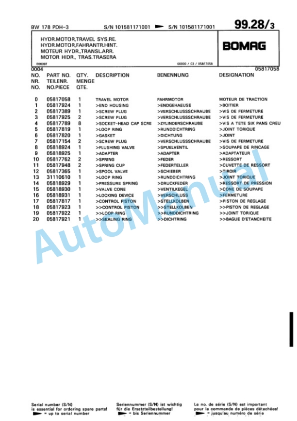 Bomag BW 178 PDH-3 Single Drum Wheel Drive Vibratory Roller Spare Parts Catalogue 00815517-3