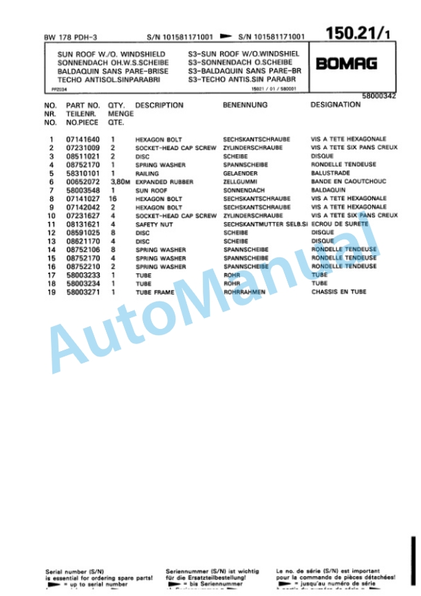 Bomag BW 178 PDH-3 Single Drum Wheel Drive Vibratory Roller Spare Parts Catalogue 00815517-5