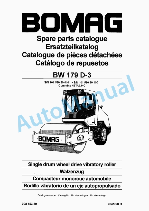 Bomag BW 179 D-3 Single Drum Wheel Drive Vibratory Roller Spare Parts Catalogue 00815380