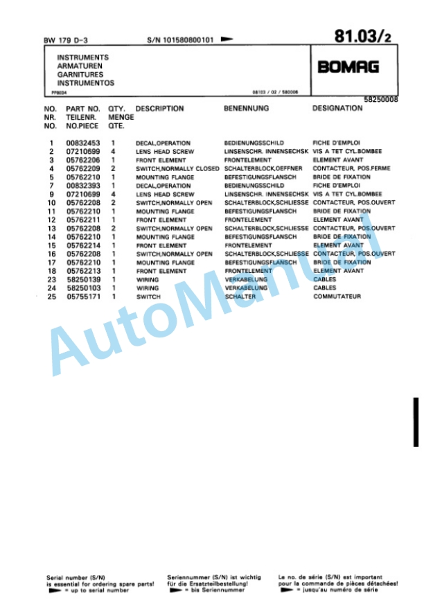 Bomag BW 179 D-3 Single Drum Wheel Drive Vibratory Roller Spare Parts Catalogue 00815380-2