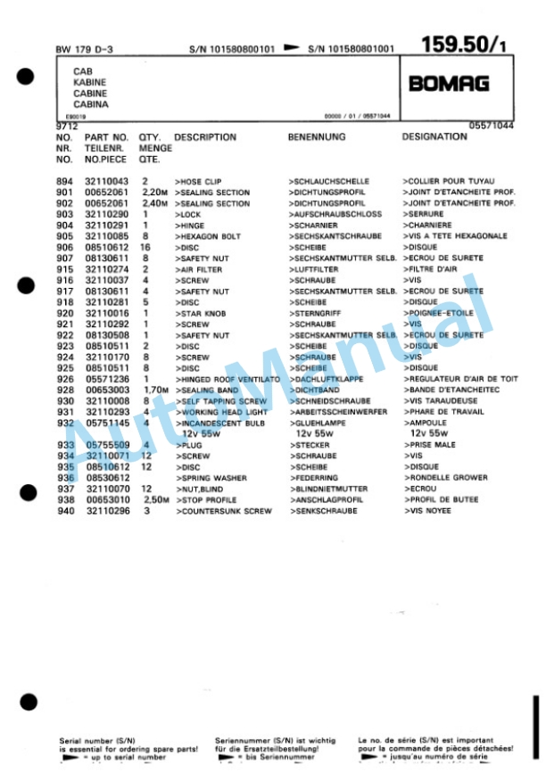 Bomag BW 179 D-3 Single Drum Wheel Drive Vibratory Roller Spare Parts Catalogue 00815380-4