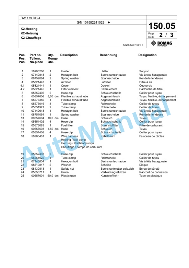 Bomag BW 179 DH-4 Single Drum Wheel Drive Vibratory Roller Spare Parts Catalogue 00817767-3
