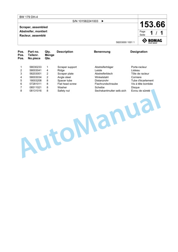 Bomag BW 179 DH-4 Single Drum Wheel Drive Vibratory Roller Spare Parts Catalogue 00817767-5
