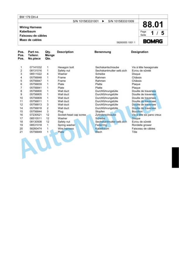 Bomag BW 179 DH-4 Single Drum Wheel Drive Vibratory Roller Spare Parts Catalogue 00818545-2