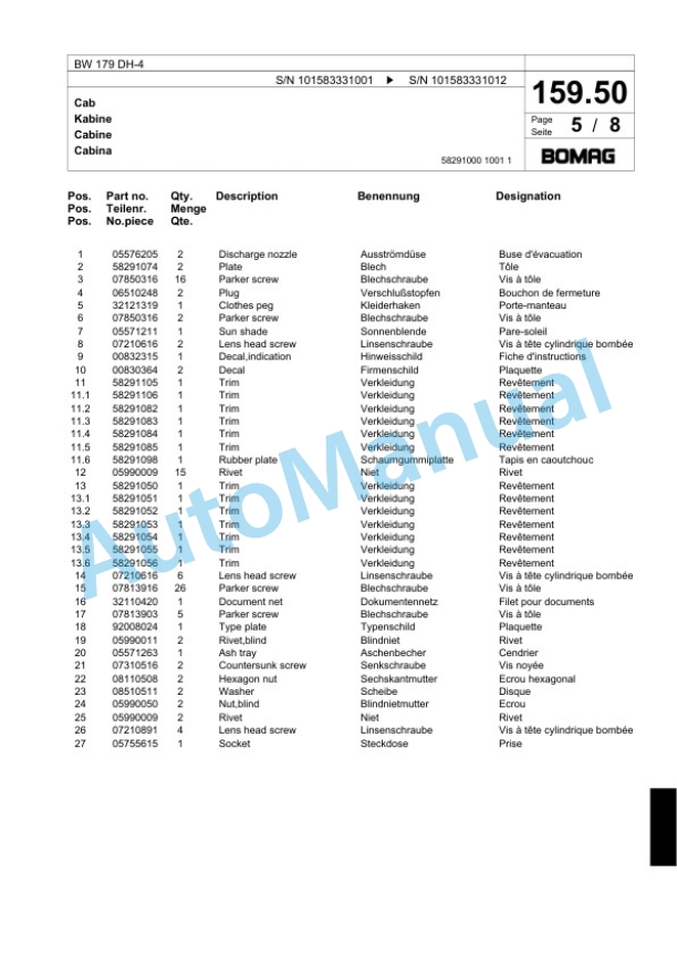 Bomag BW 179 DH-4 Single Drum Wheel Drive Vibratory Roller Spare Parts Catalogue 00818545-5