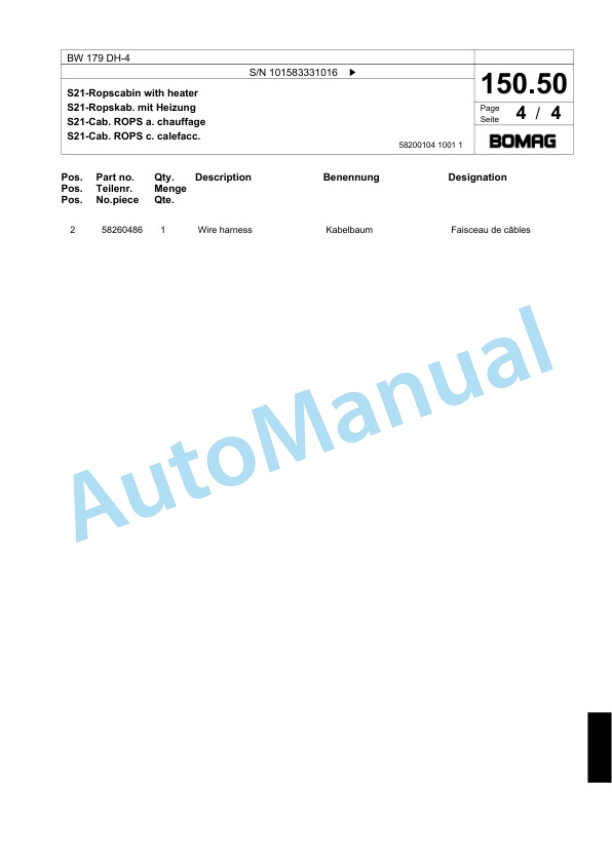 Bomag BW 179 DH-4 Single Drum Wheel Drive Vibratory Roller Spare Parts Catalogue 00824137-4