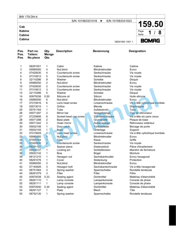 Bomag BW 179 DH-4 Single Drum Wheel Drive Vibratory Roller Spare Parts Catalogue 00824137-5