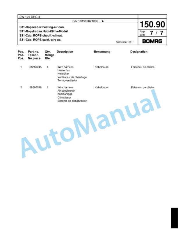 Bomag BW 179 DHC-4 Single Drum Wheel Drive Vibratory Roller Spare Parts Catalogue 00818033-4