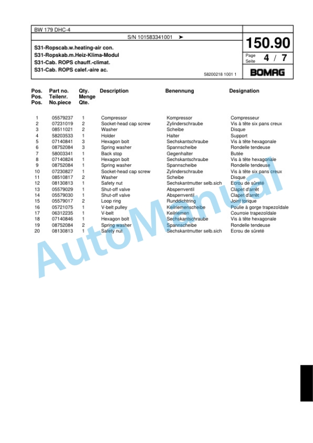 Bomag BW 179 DHC-4 Single Drum Wheel Drive Vibratory Roller Spare Parts Catalogue 00818547-4