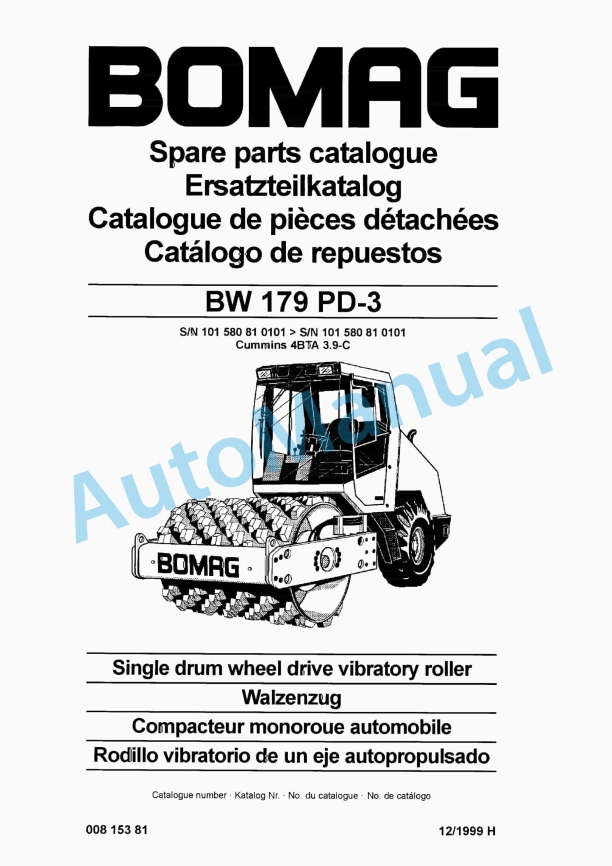 Bomag BW 179 PD-3 Single Drum Wheel Drive Vibratory Roller Spare Parts Catalogue 00815381