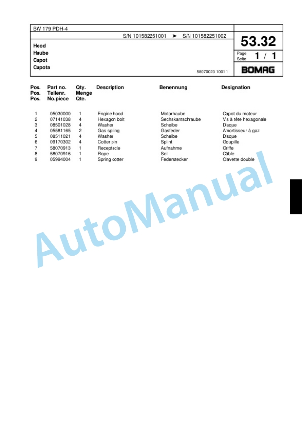 Bomag BW 179 PDH-4 Single Drum Wheel Drive Vibratory Roller Spare Parts Catalogue 00817769-2