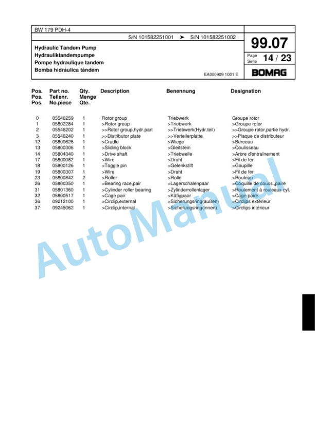 Bomag BW 179 PDH-4 Single Drum Wheel Drive Vibratory Roller Spare Parts Catalogue 00817769-3