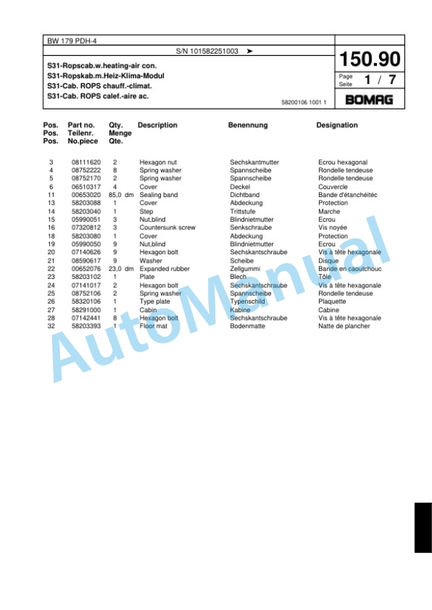 Bomag BW 179 PDH-4 Single Drum Wheel Drive Vibratory Roller Spare Parts Catalogue 00817769-5
