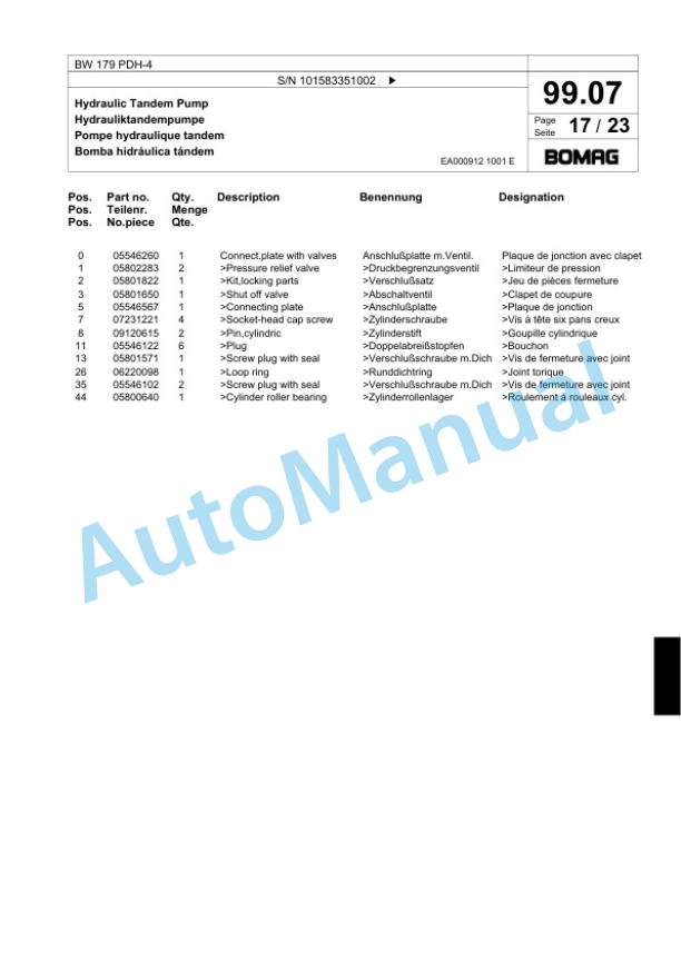 Bomag BW 179 PDH-4 Single Drum Wheel Drive Vibratory Roller Spare Parts Catalogue 00824139-3