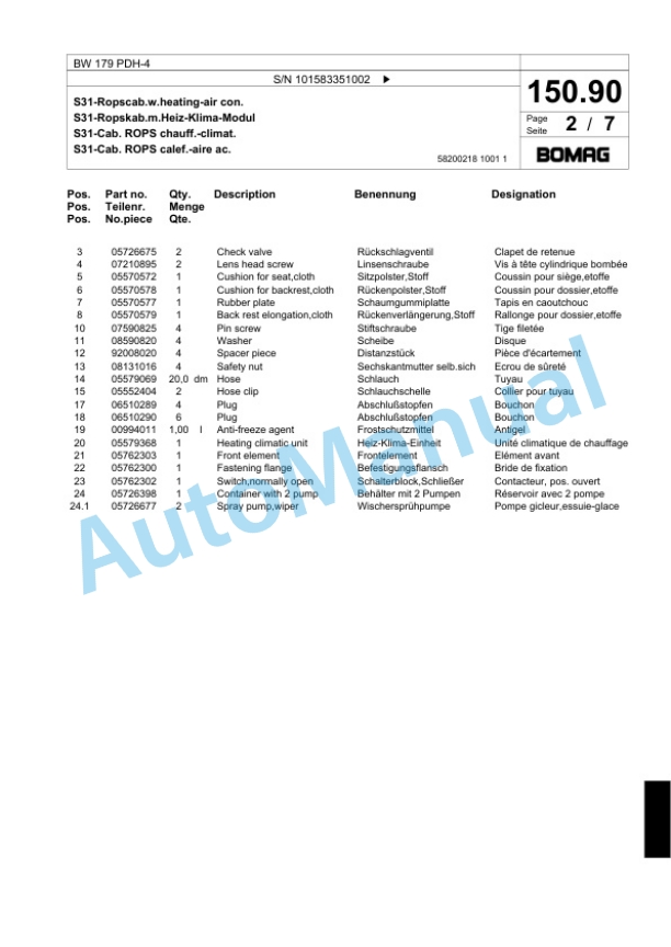 Bomag BW 179 PDH-4 Single Drum Wheel Drive Vibratory Roller Spare Parts Catalogue 00824139-5