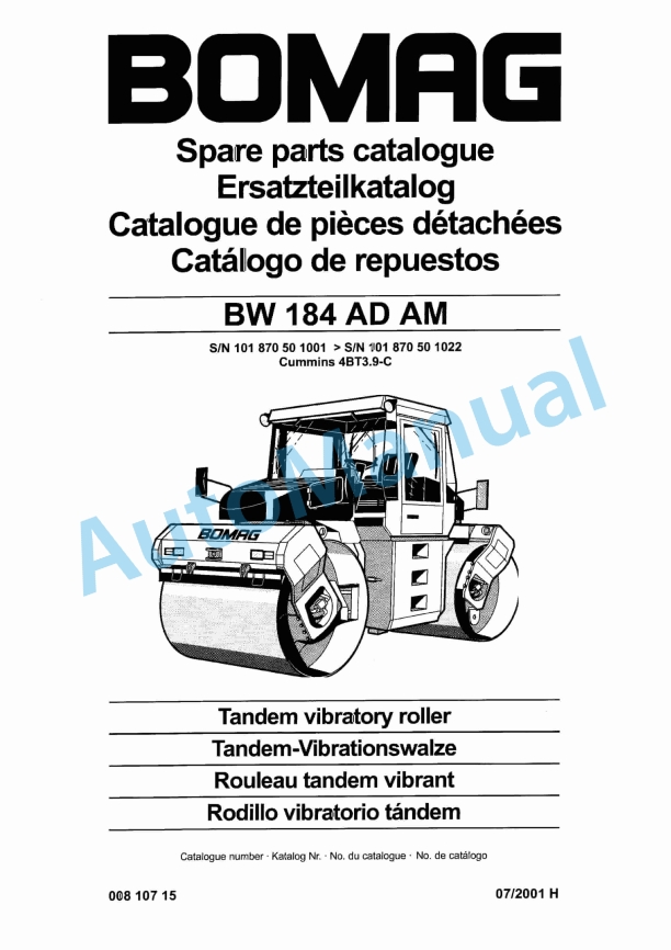 Bomag BW 180 AD AM Tandem Vibratory Roller Spare Parts Catalogue 00810715