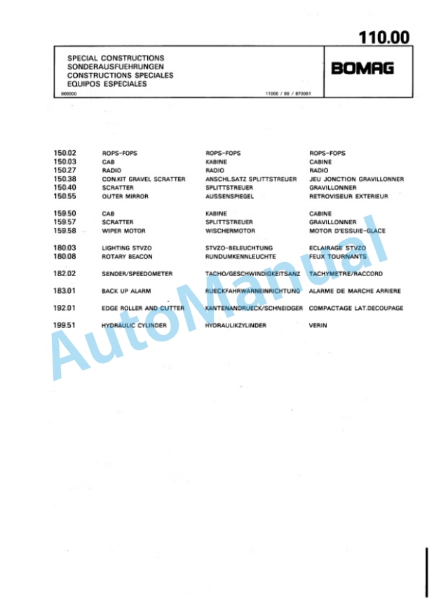 Bomag BW 180 AD AM Tandem Vibratory Roller Spare Parts Catalogue 00810715-4