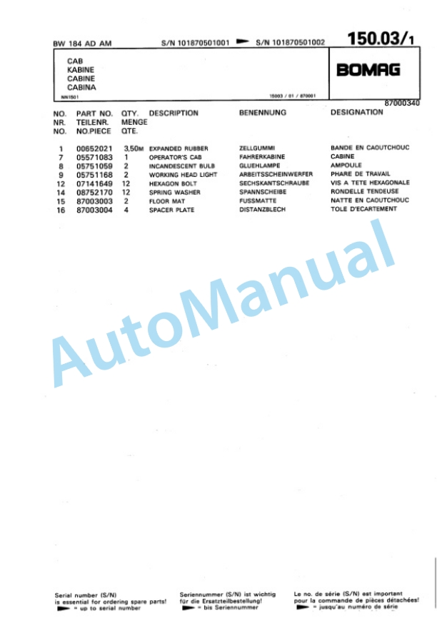 Bomag BW 180 AD AM Tandem Vibratory Roller Spare Parts Catalogue 00810715-5