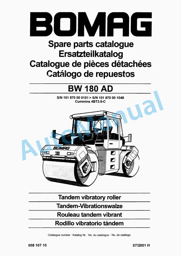Bomag BW 180 AD Tandem Vibratory Roller Spare Parts Catalogue 00810710