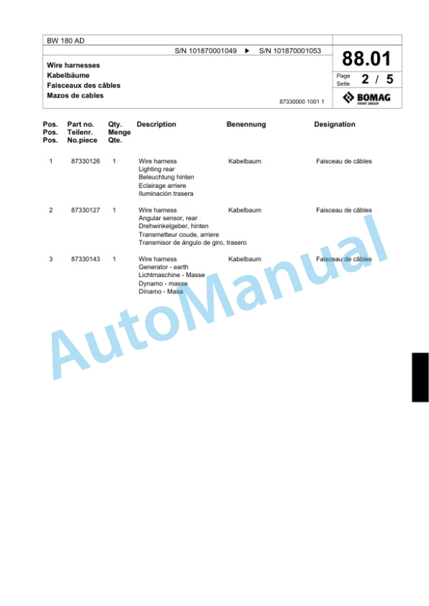 Bomag BW 180 AD Tandem Vibratory Roller Spare Parts Catalogue 00817513-2