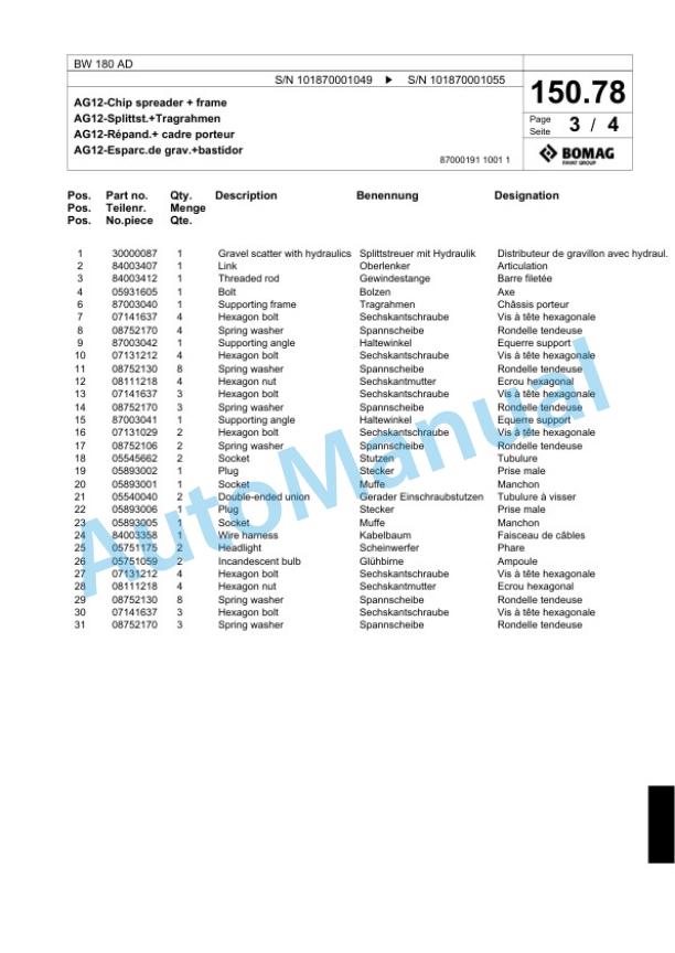 Bomag BW 180 AD Tandem Vibratory Roller Spare Parts Catalogue 00817513-5