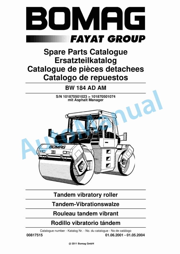 Bomag BW 184 AD AM Tandem Vibratory Roller Spare Parts Catalogue 00817515