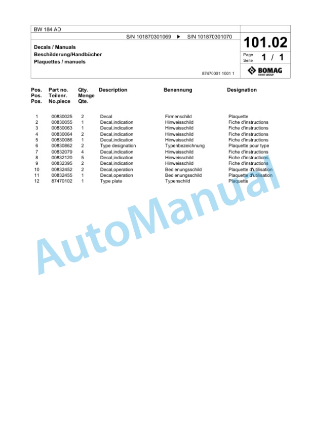 Bomag BW 184 AD Tandem Vibratory Roller Spare Parts Catalogue 00817514-4
