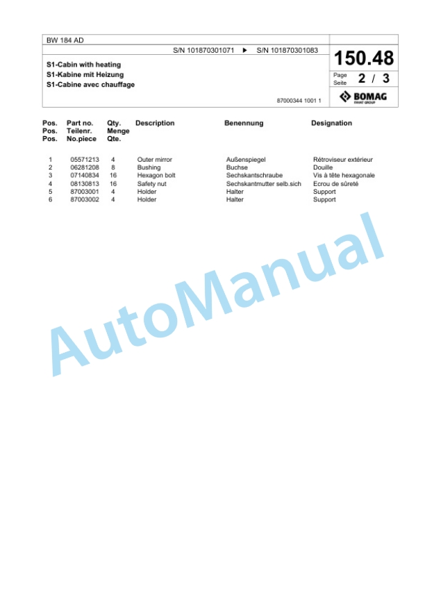 Bomag BW 184 AD Tandem Vibratory Roller Spare Parts Catalogue 00817514-5