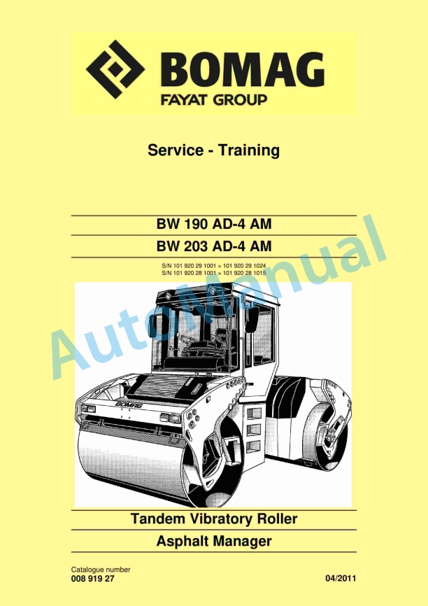 Bomag BW 190 AD-4 AM, BW 203 AD-4 AM Tandem Vibratory Roller Service Training 00891927