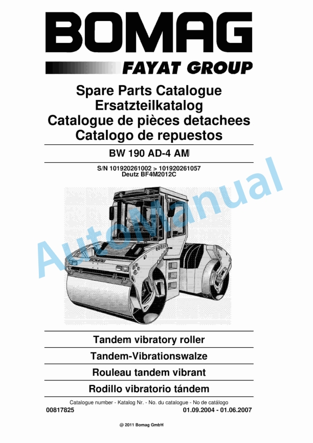 Bomag BW 190 AD-4 AM Tandem Vibratory Roller Spare Parts Catalogue 00817825