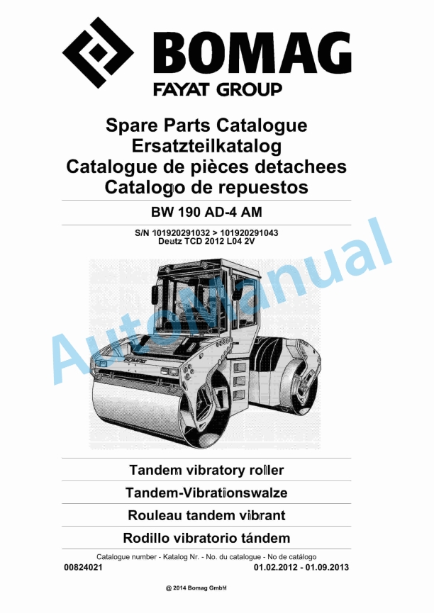 Bomag BW 190 AD-4 AM Tandem Vibratory Roller Spare Parts Catalogue 00824021