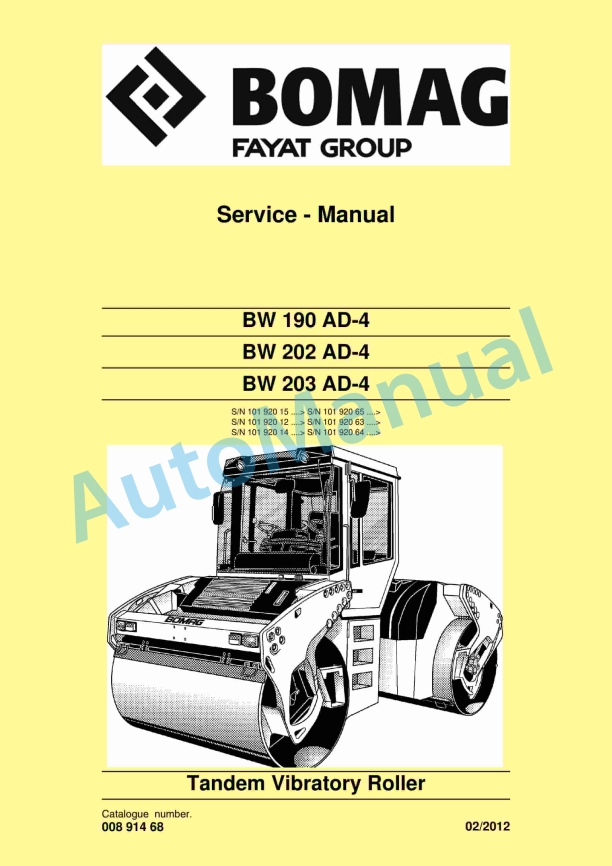 Bomag BW 190 AD-4, BW 202 AD-4, BW 203 AD-4 Tandem Vibratory Roller Service Manual 00891468