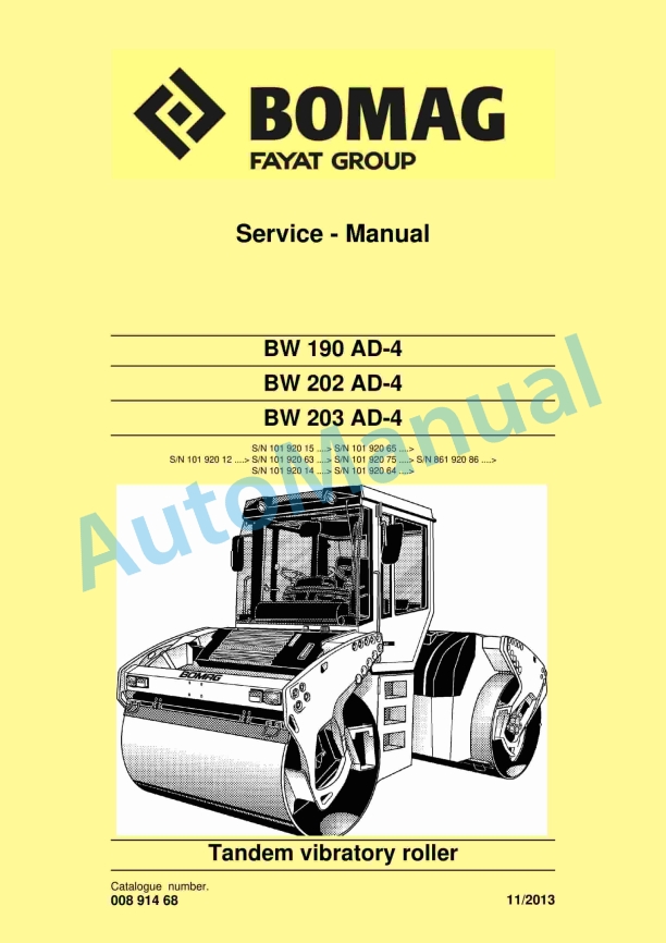 Bomag BW 190 AD-4, BW 202 AD-4, BW 203 AD-4 Tandem Vibratory Rollers Service Manual 00891468