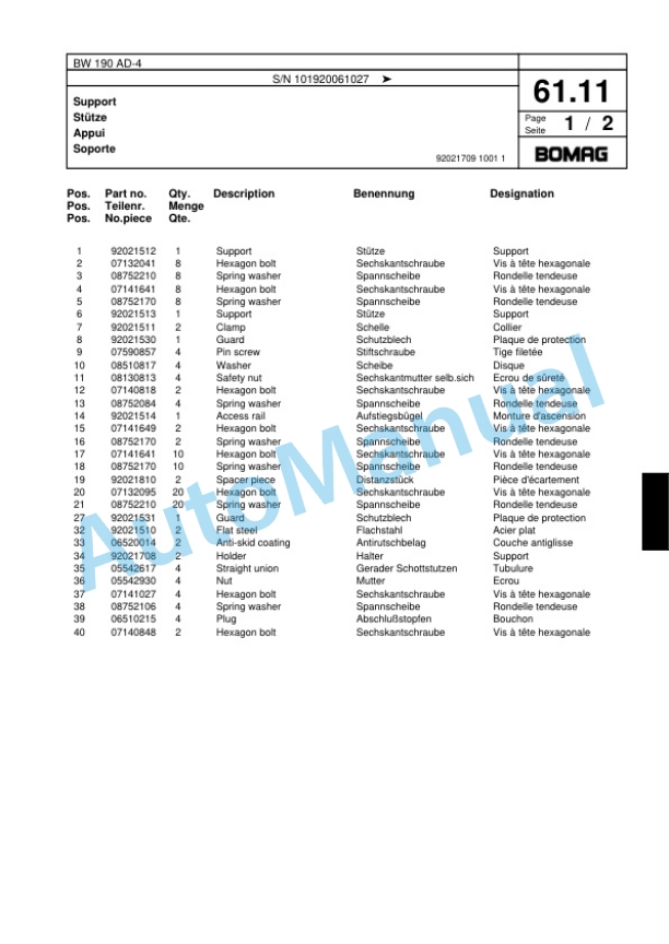 Bomag BW 190 AD-4 Tandem Vibratory Roller Spare Parts Catalogue 00817823-2