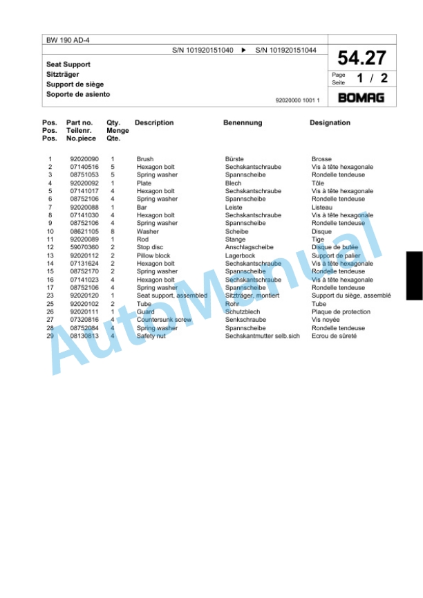 Bomag BW 190 AD-4 Tandem Vibratory Roller Spare Parts Catalogue 00824009-2