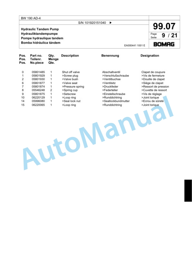 Bomag BW 190 AD-4 Tandem Vibratory Roller Spare Parts Catalogue 00824009-3